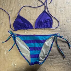 Vintage Y2K OP Purple & Blue Striped String Bikini – Size Large (Best Medium)